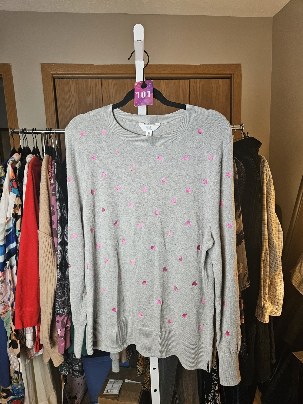 Women’s Gray Sweater with Pink Heart Dots